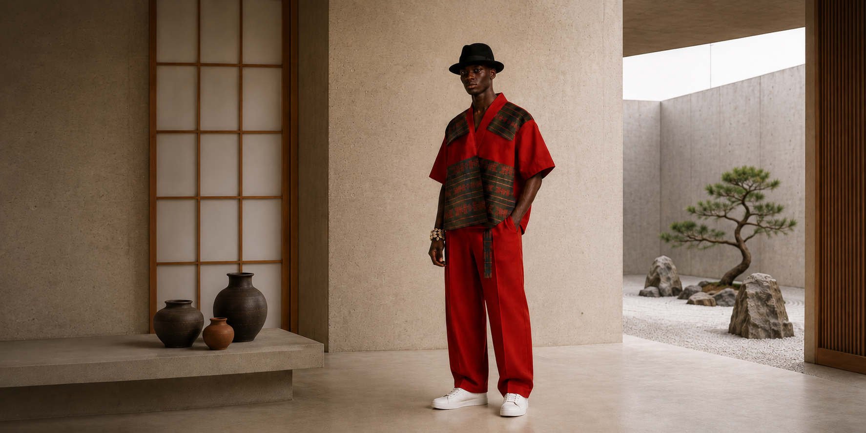 Silhouette Ōkālssa en ensemble rouge aux détails manjak