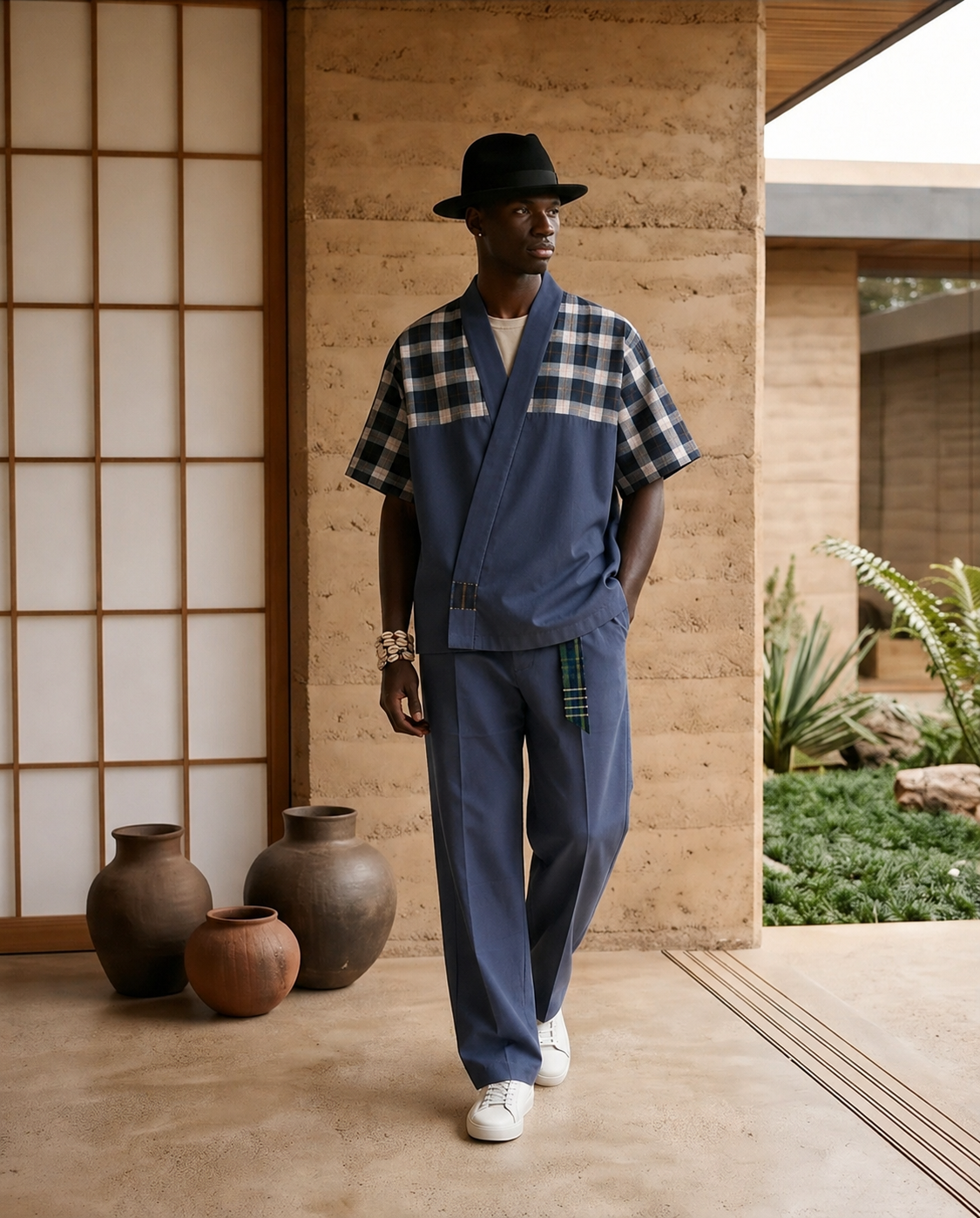 Ensemble Jinbei pantalon — Indigo Carreaux